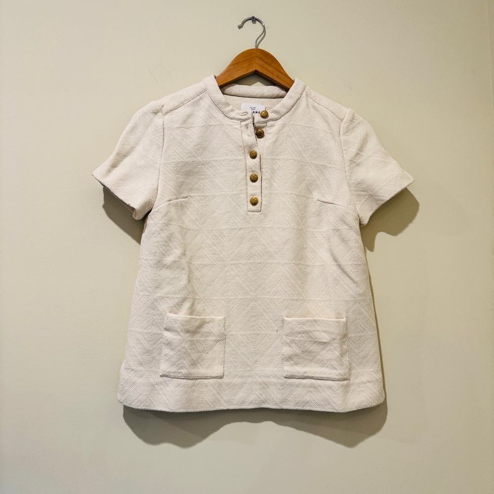 Sezane Cream T-shirt Top with Gold Buttons (36/S)